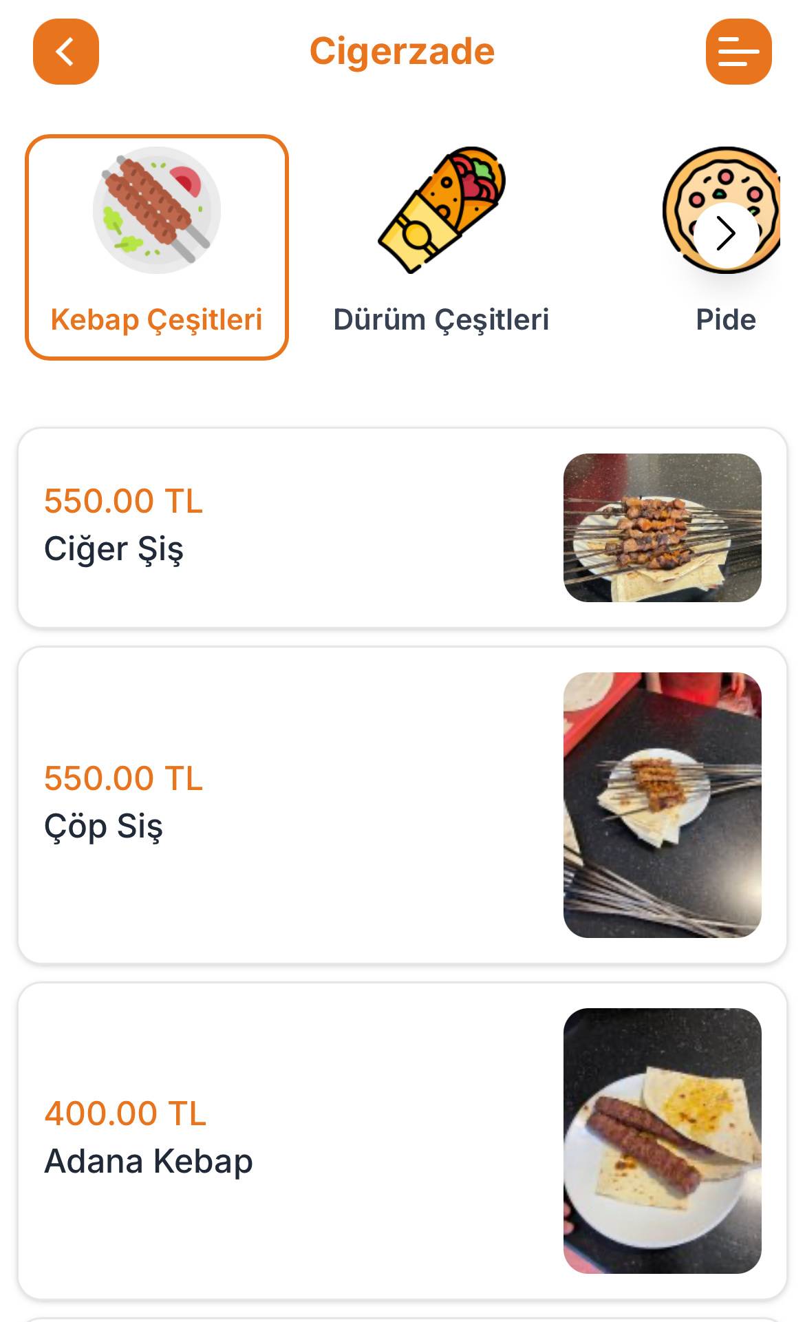 Ciğerzade меню