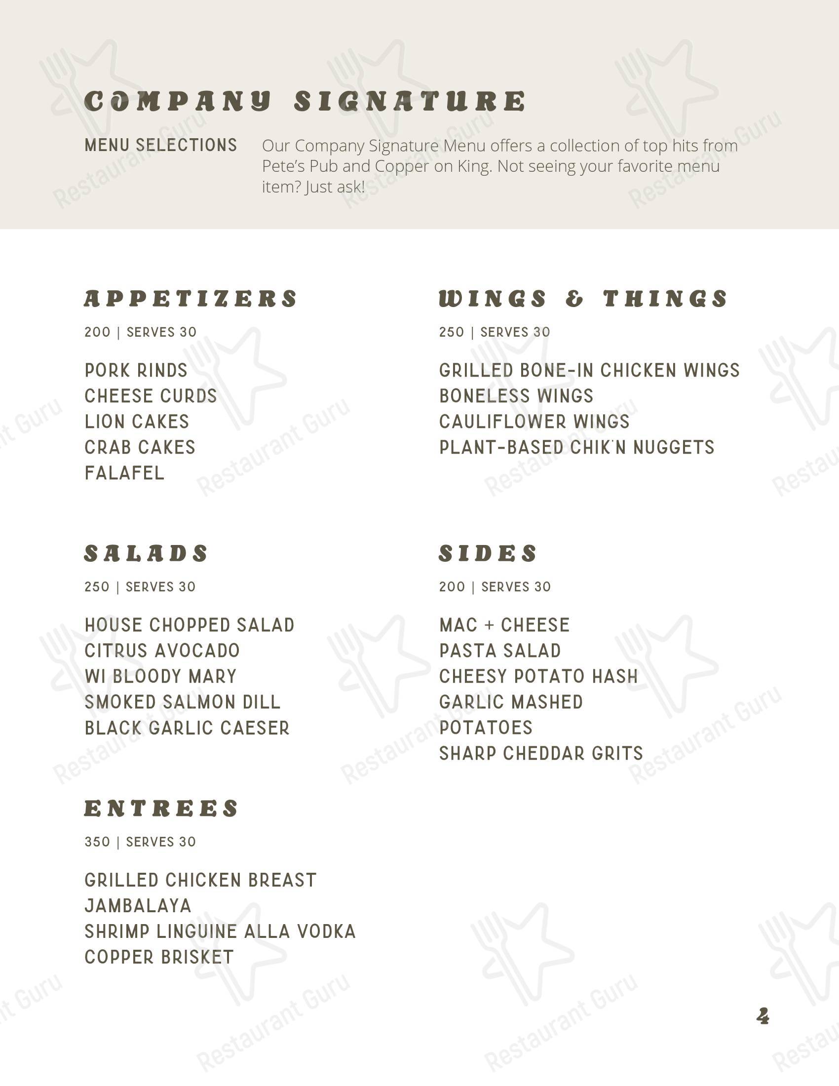 Lunch Menu ресторана Copper on King в Милуоках