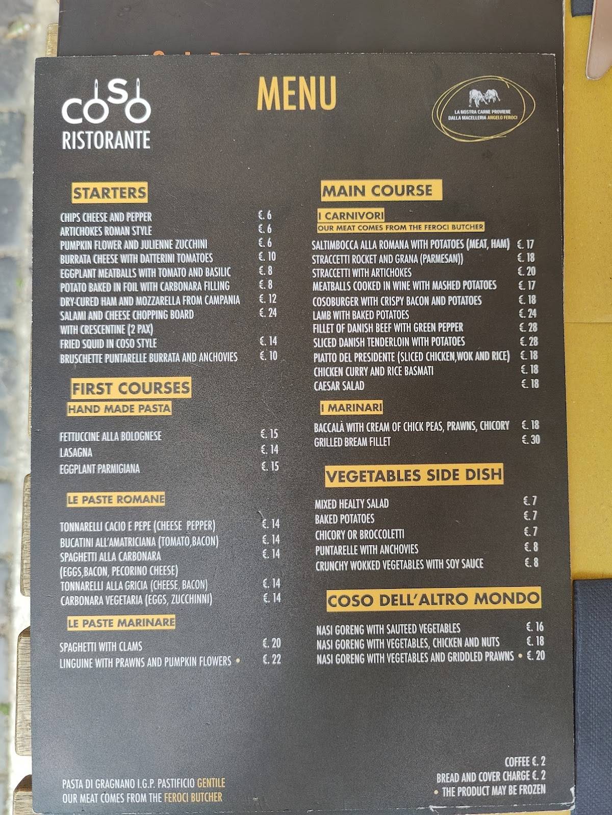 Coso Ristorante меню