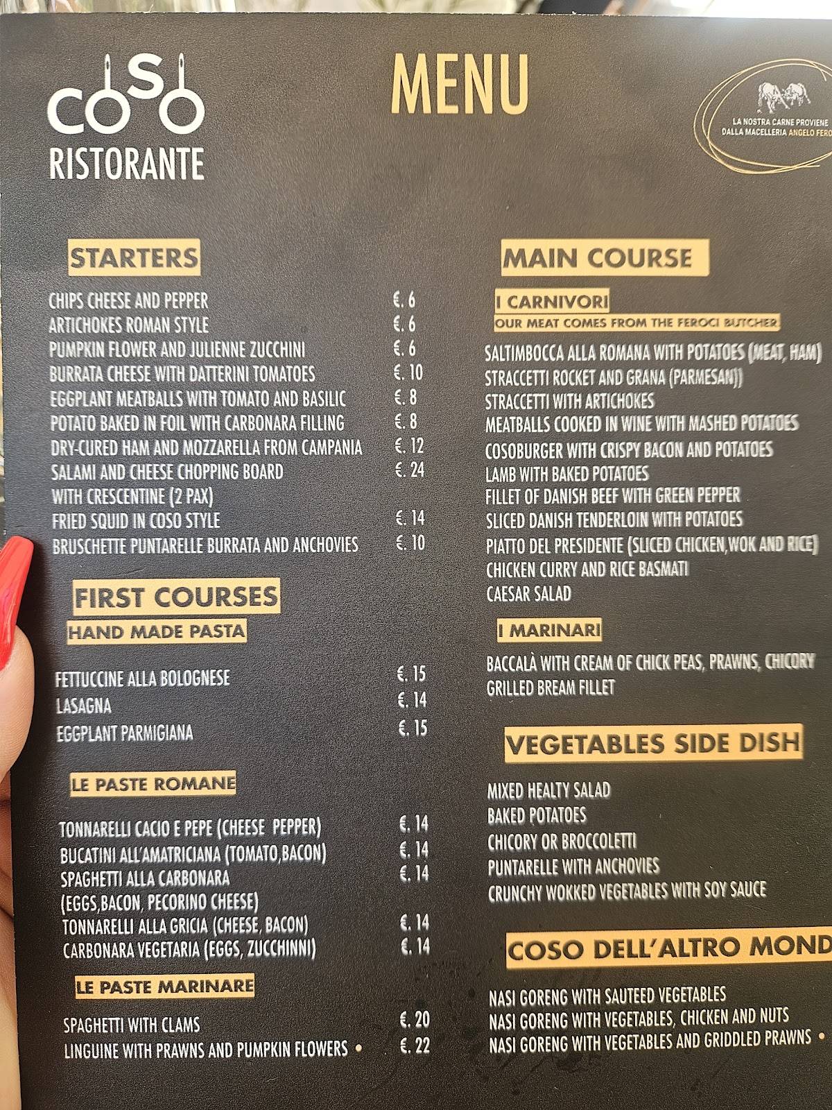 Coso Ristorante меню