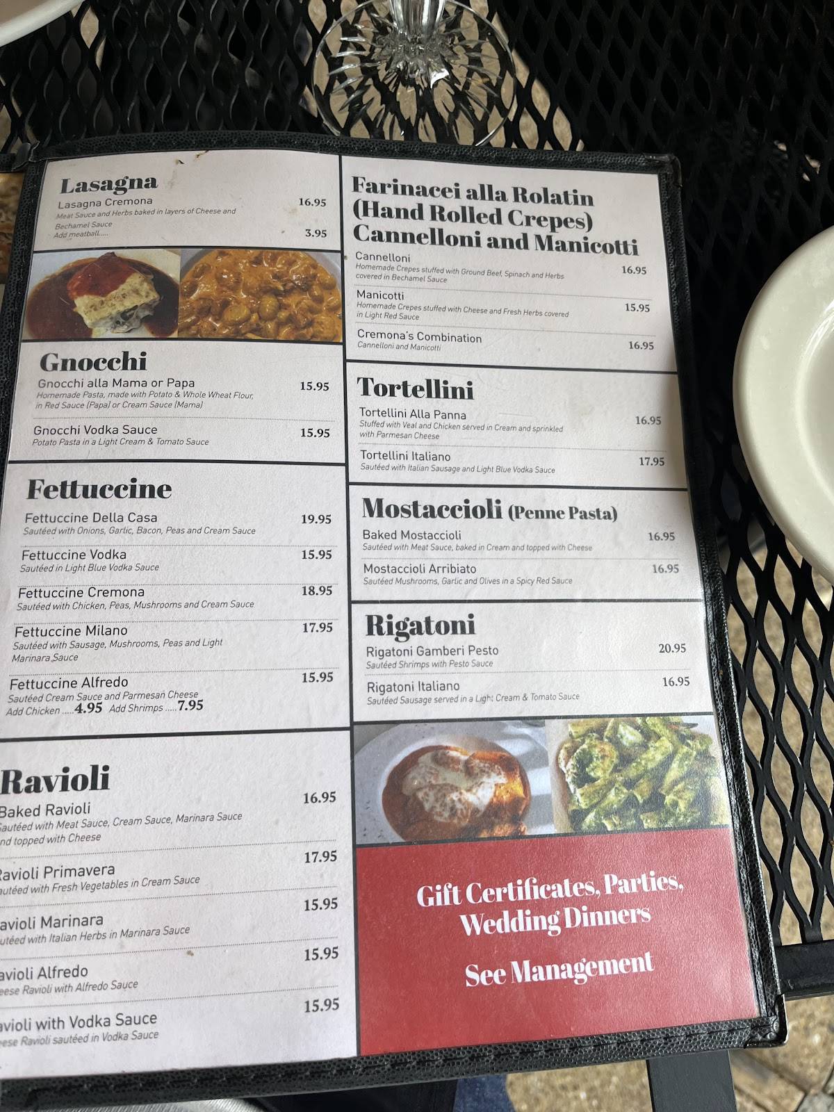 Cremona Bistro Italian Kitchen меню
