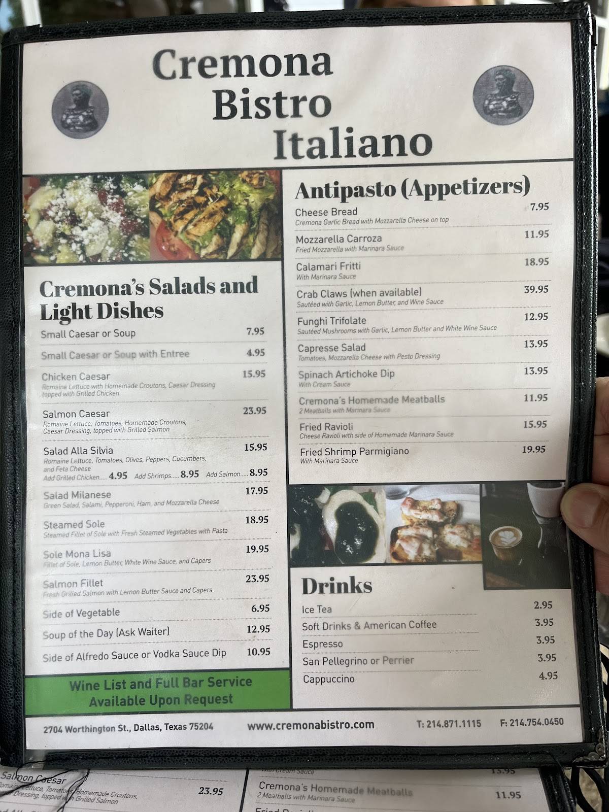 Cremona Bistro Italian Kitchen меню