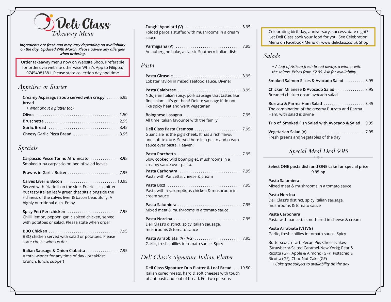 Deli Class Italian Deli & Coffee Shop меню