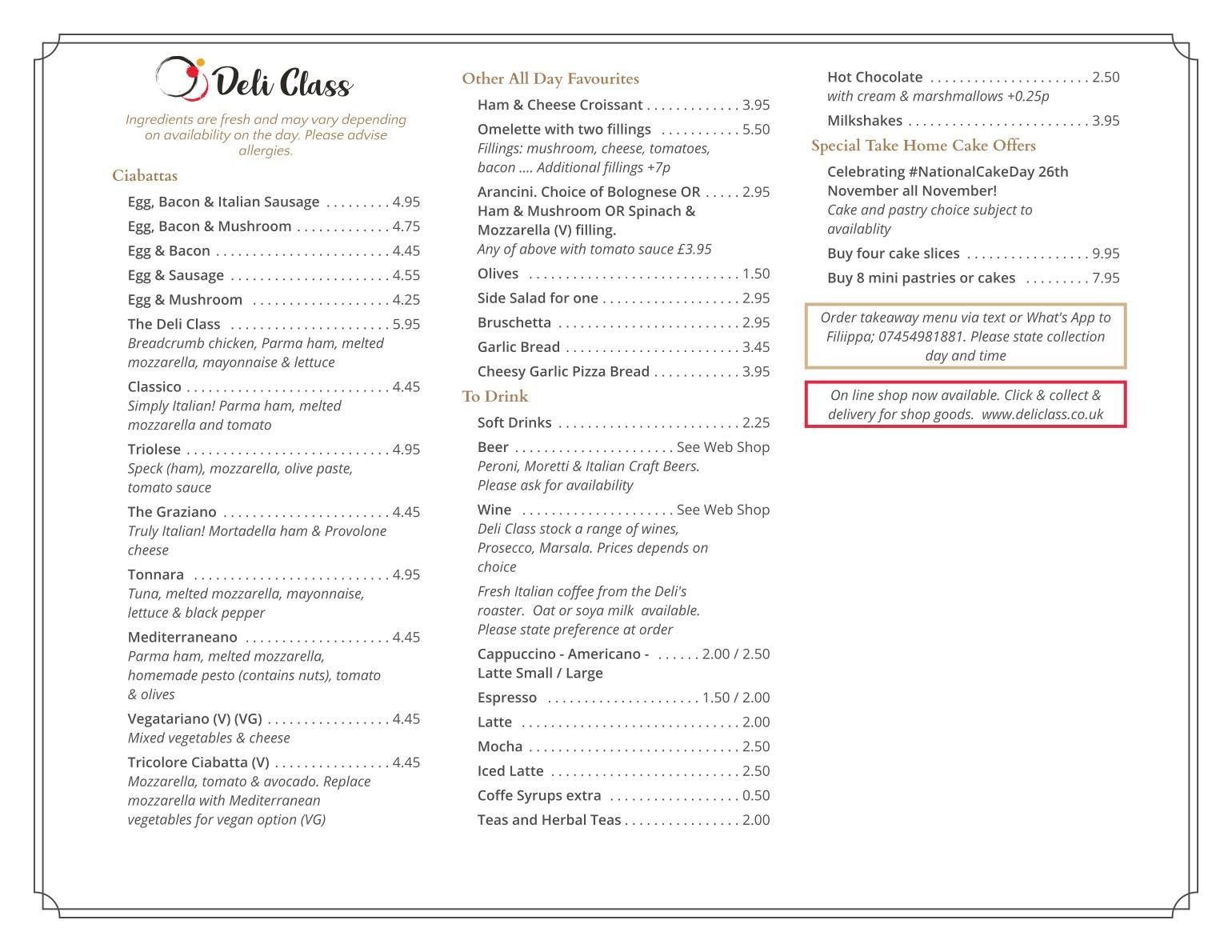 Deli Class Italian Deli & Coffee Shop меню