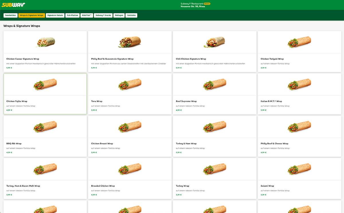 Subway меню