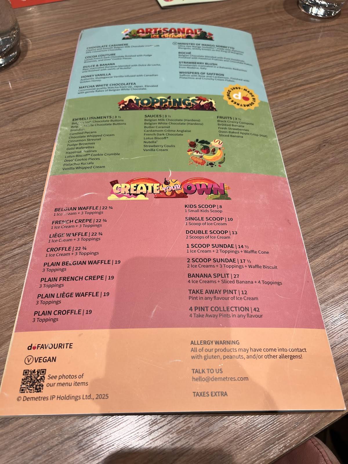 Demetres Desserts Shops At Don Mills меню