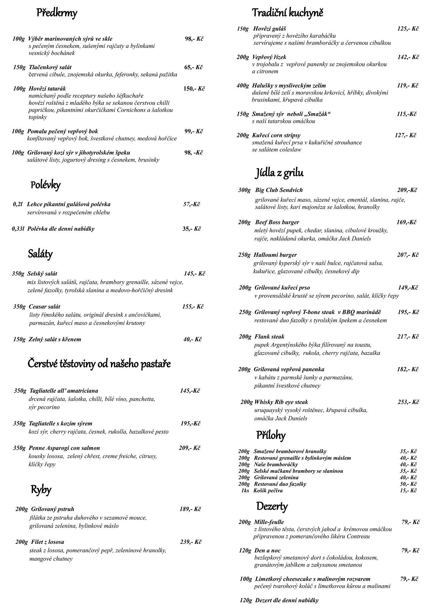 Divadelní restaurace меню