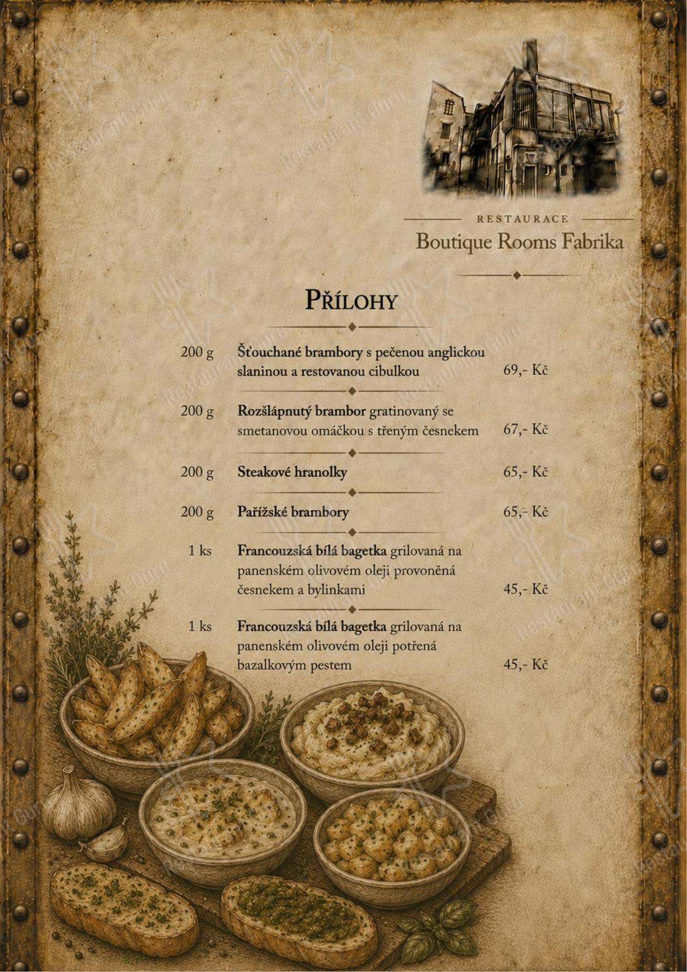 Меню напитков ресторана Restaurace & Boutique Rooms Fabrika в Дечине