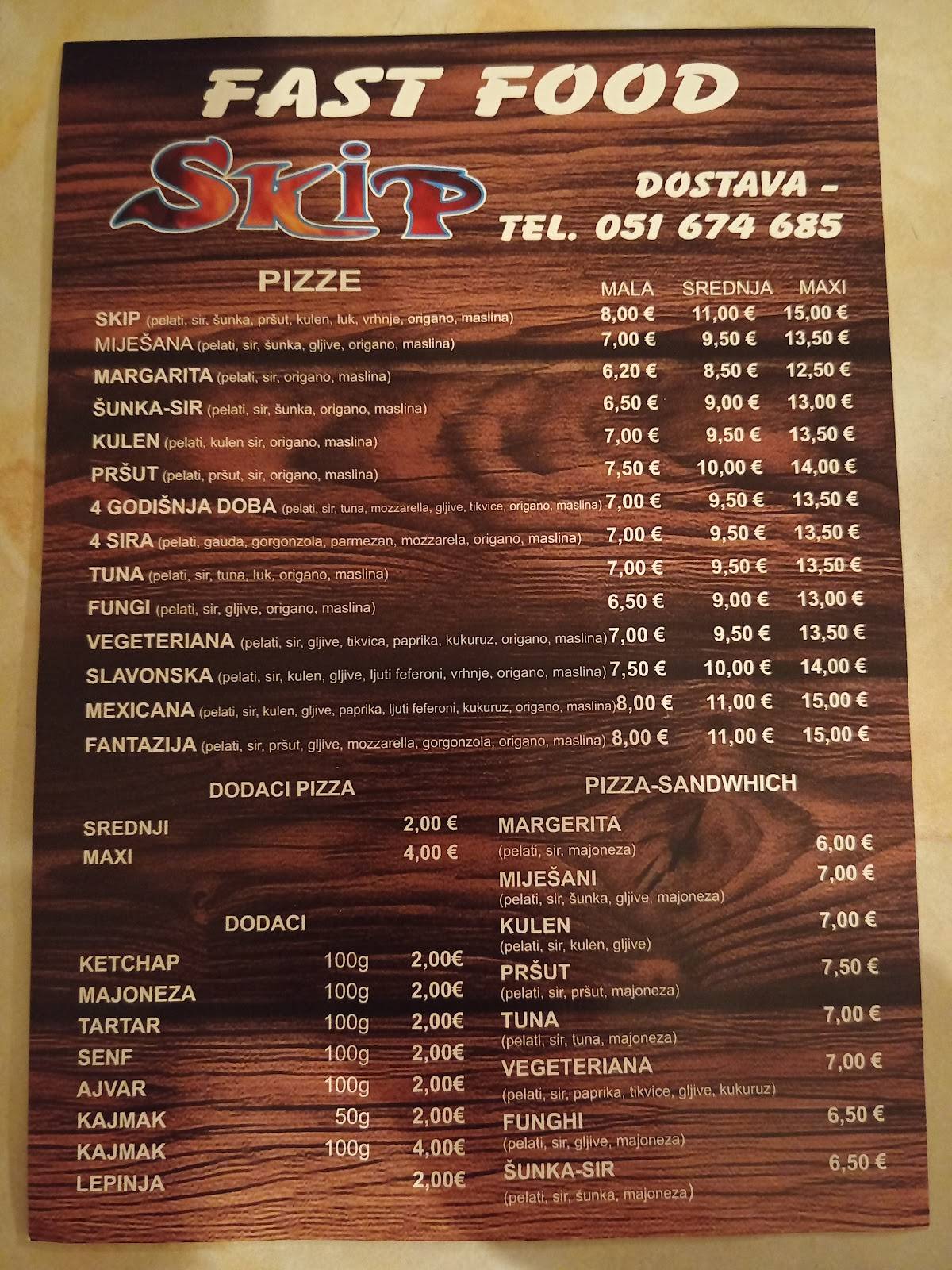 Fast Food Restaurant "Skip" меню