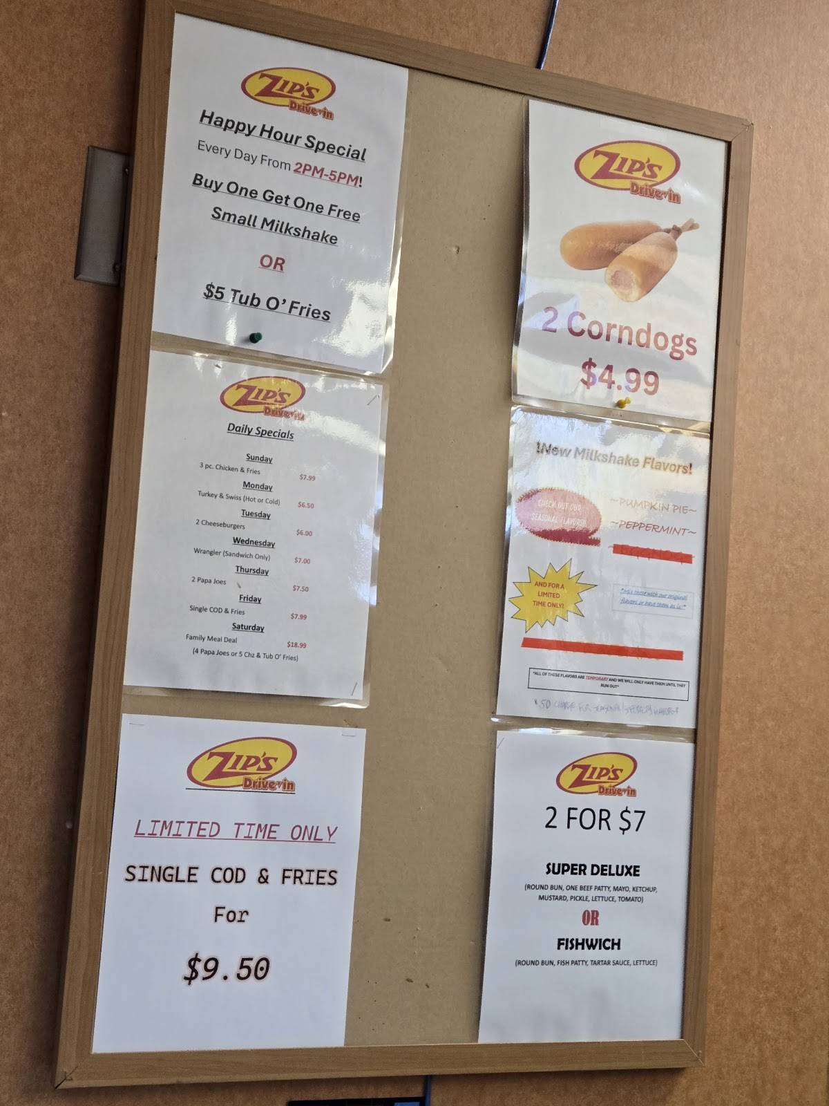 Zip's Drive In меню