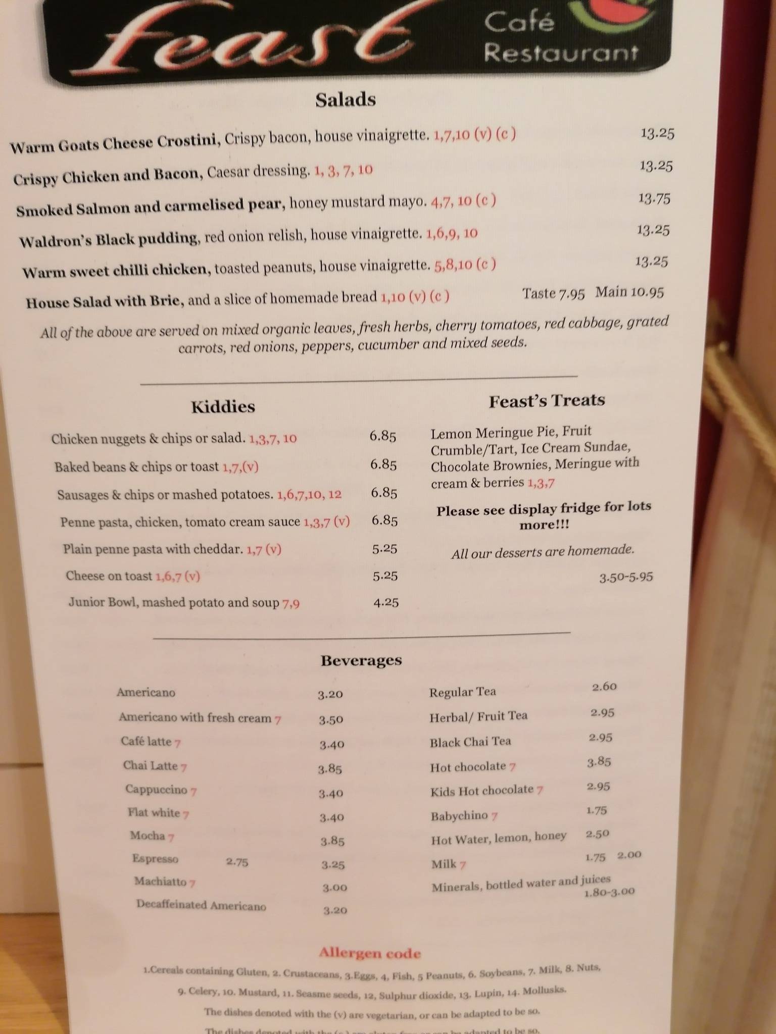 Feast Cafe and Restaurant меню