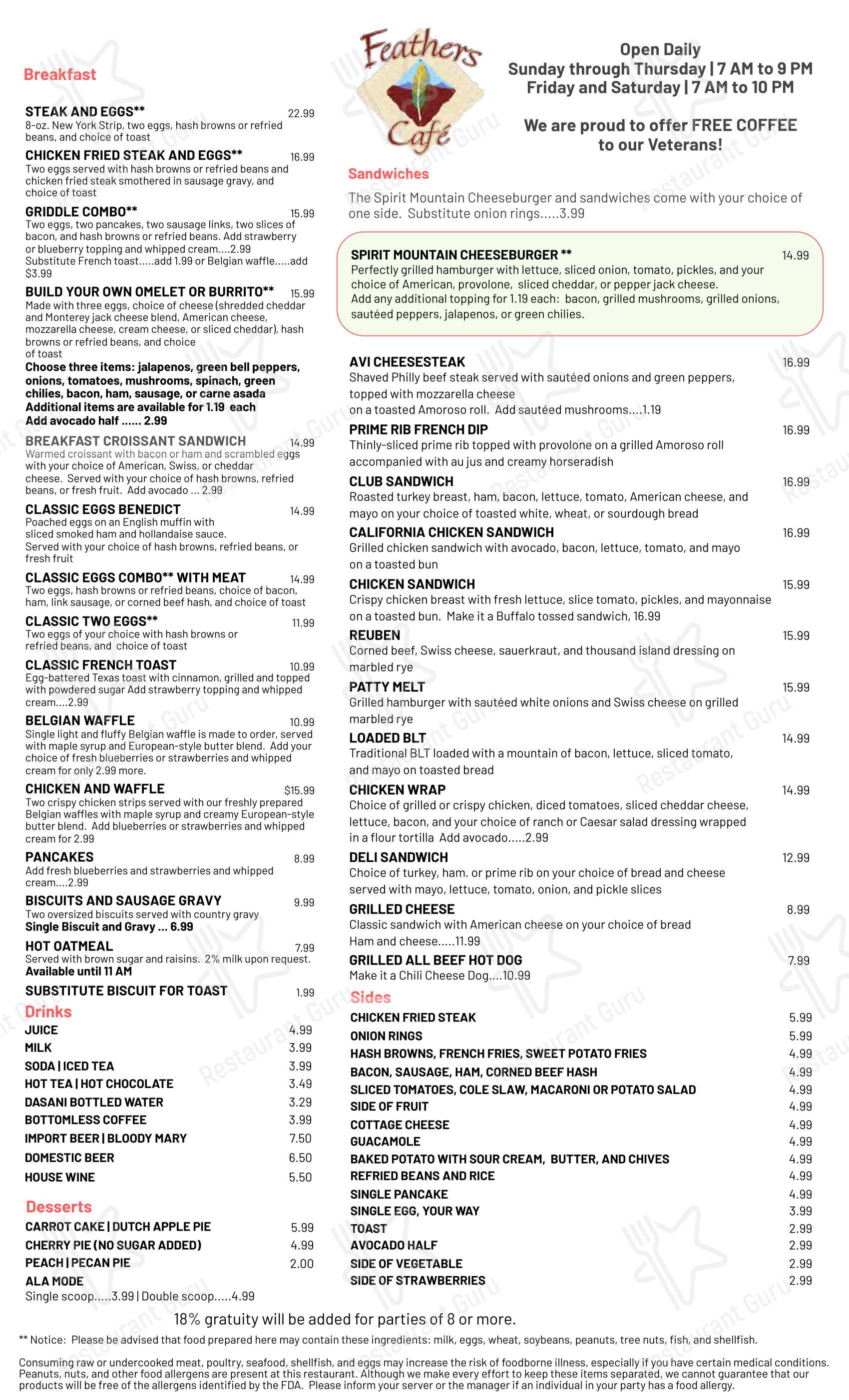 Feathers Cafe в Лафлине - Меню