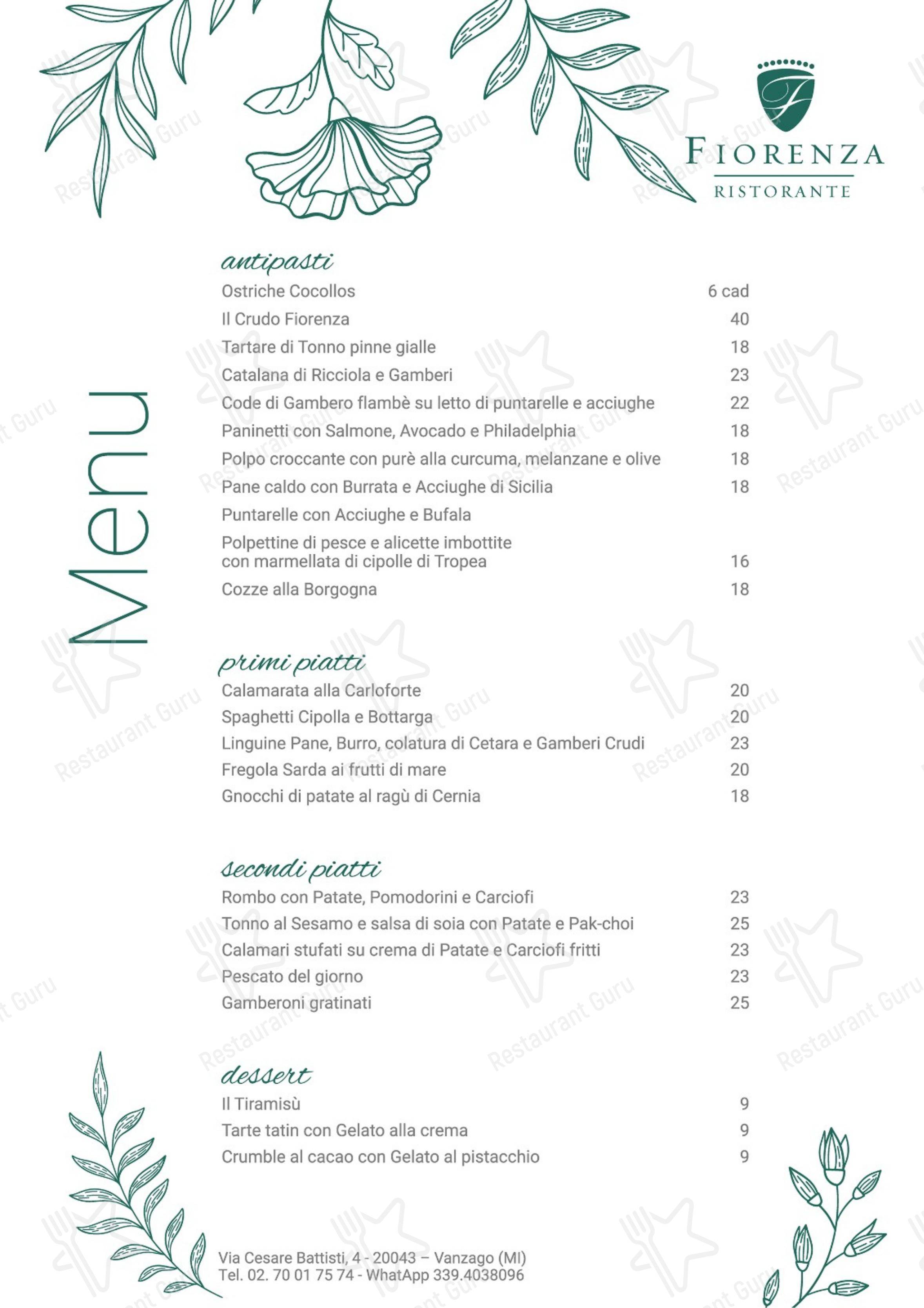 Меню ресторана Ristorante Fiorenza