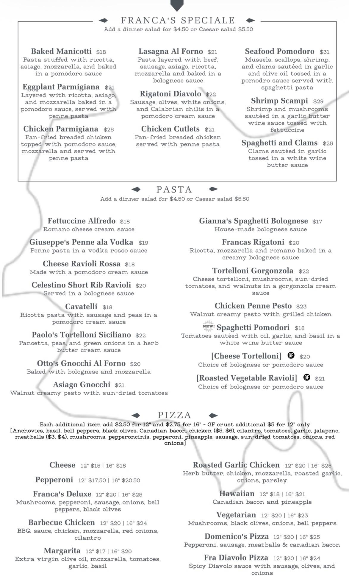 Franca's Italian Kitchen and Bar меню