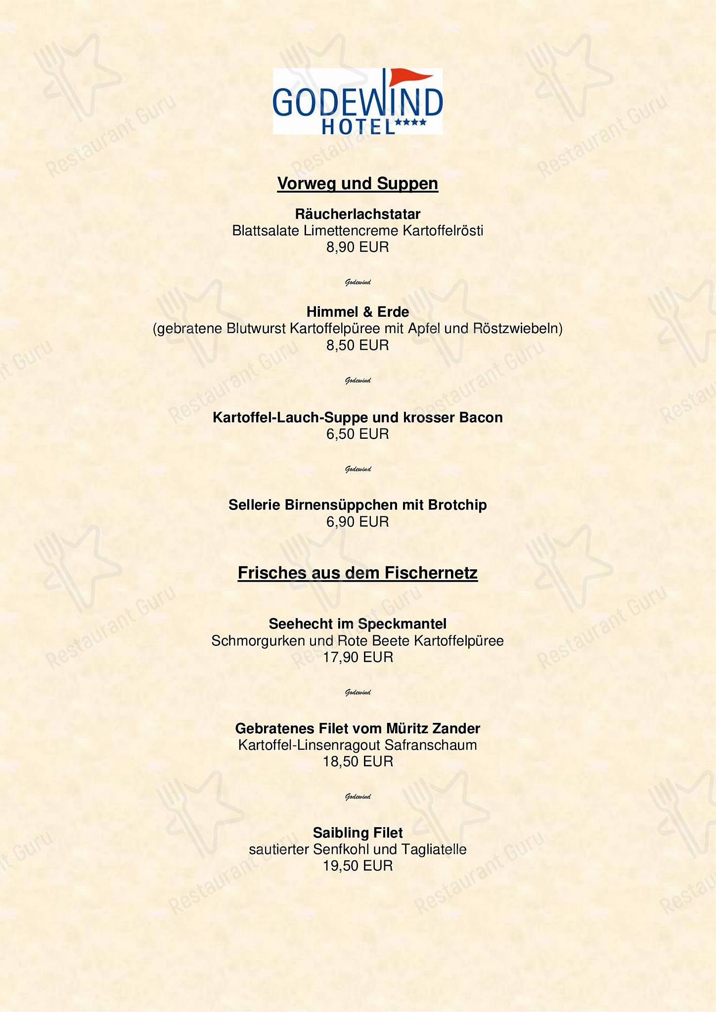 Меню Hotel Godewind - Dinner Menu