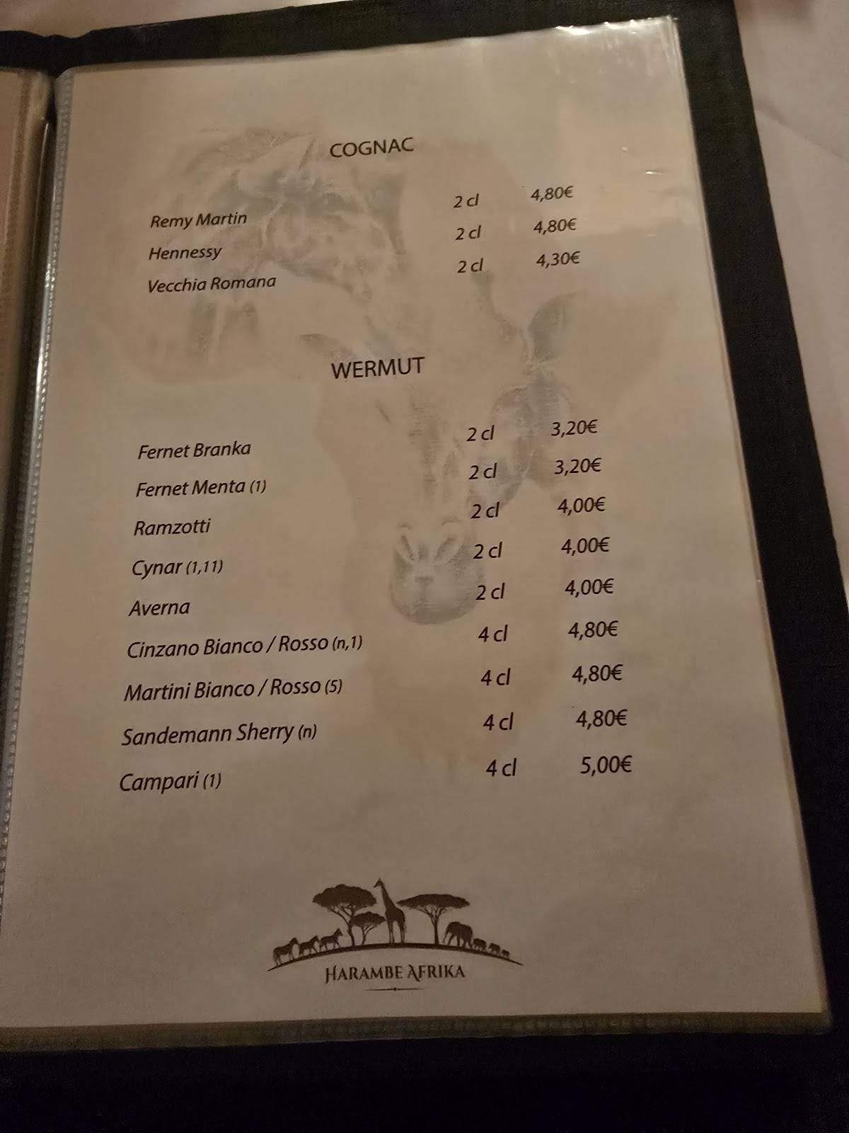 Harambe Afrika Pension Restaurant меню