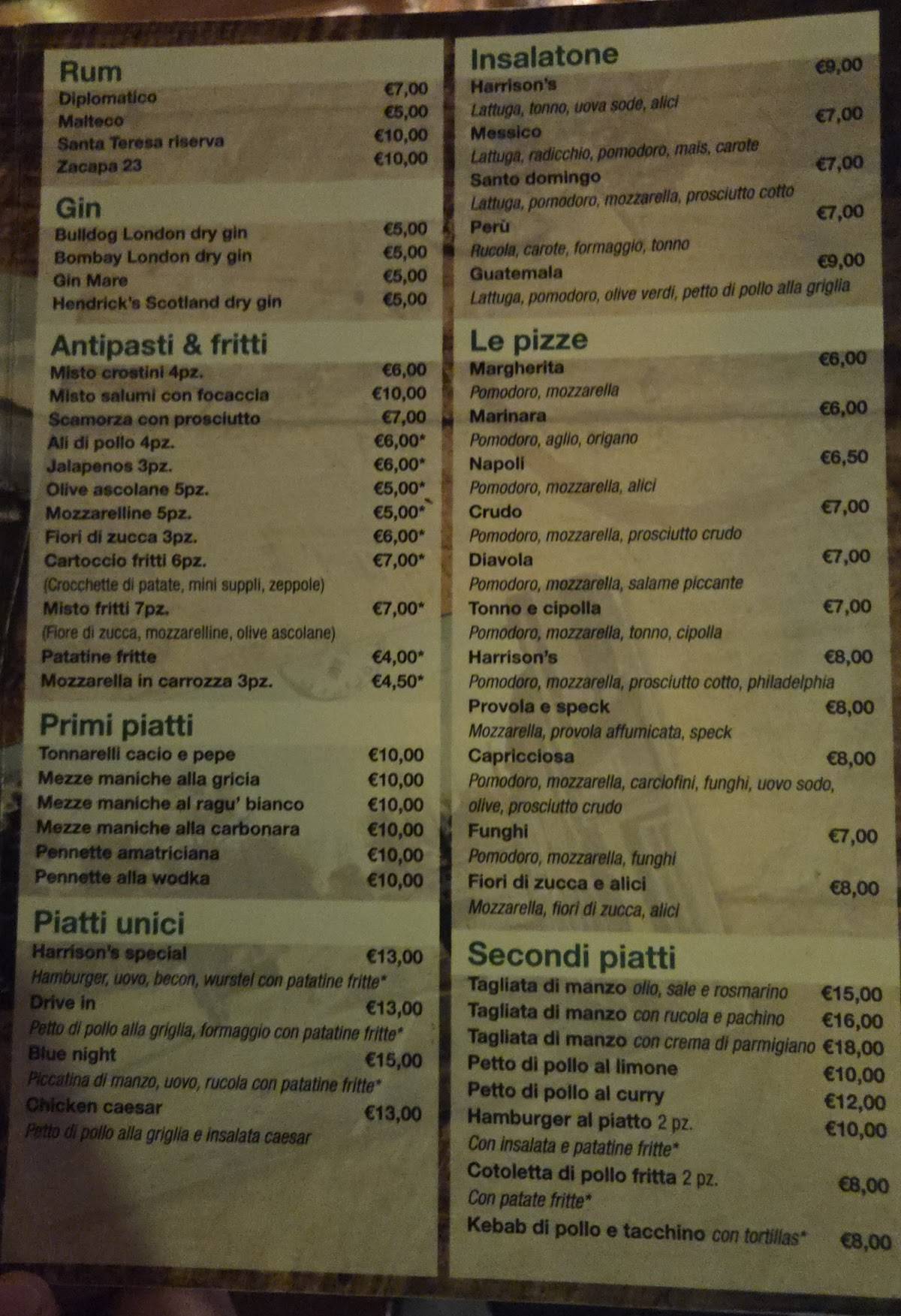 Harrison's Pub меню