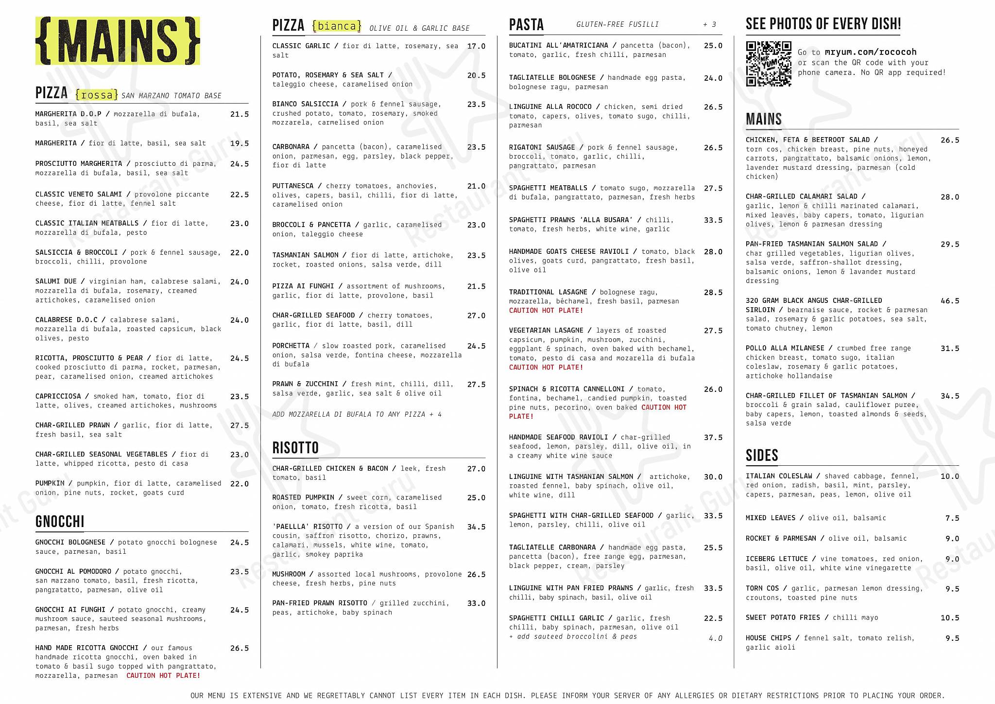 Table Menu ресторана Rococo Hawthorn