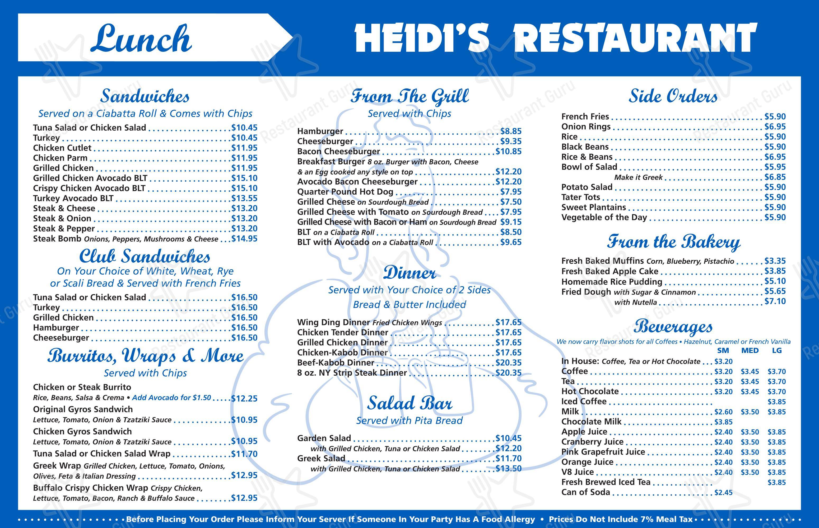 Heidi's Restaurant в Уолтеме - Меню