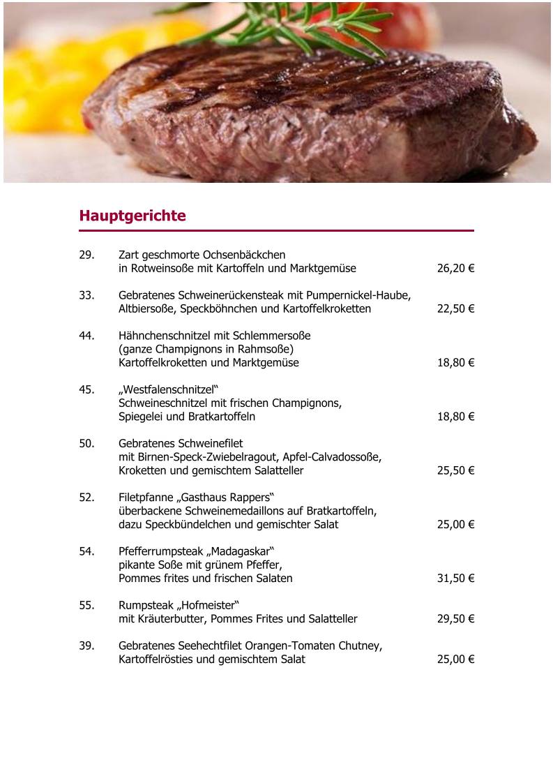 Hotel- Restaurant Gasthaus Rappers меню