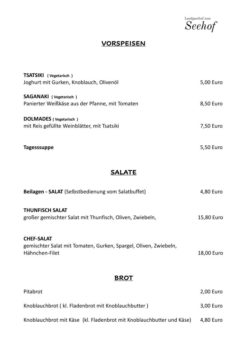 Hotel Restaurant Landgasthof zum Seehof меню