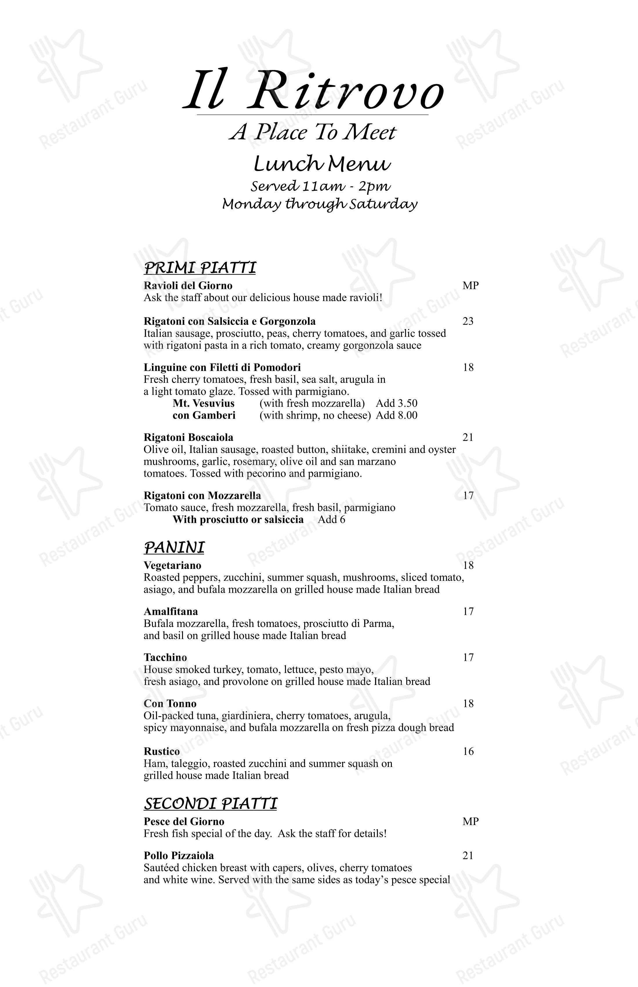 Dinner Menu пиццерии Il Ritrovo в Шебойгане