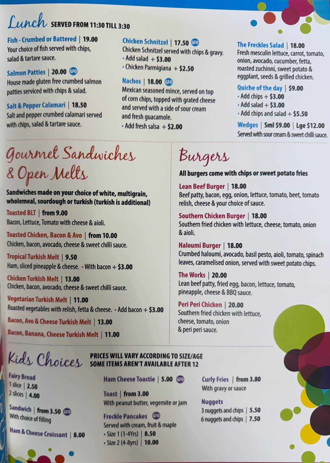Freckles Cafe меню