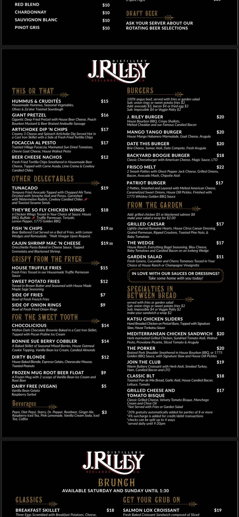J Riley Distillery/Restaurant меню