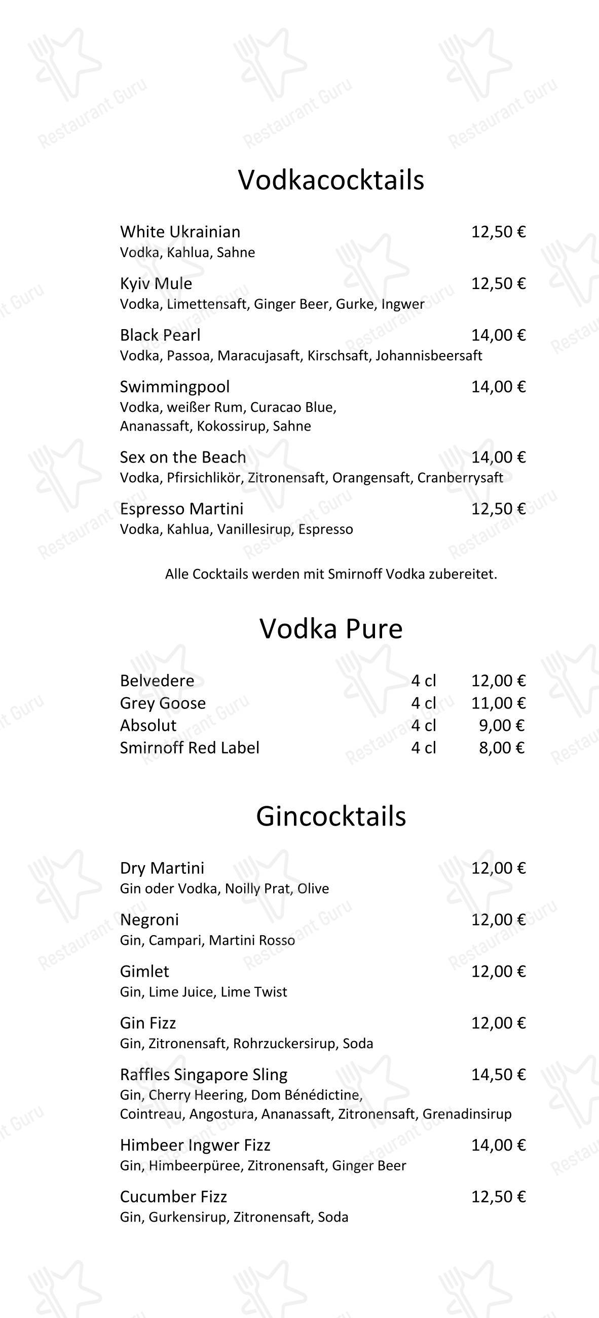 Меню паба и бара Kamin Bar в Ростоке