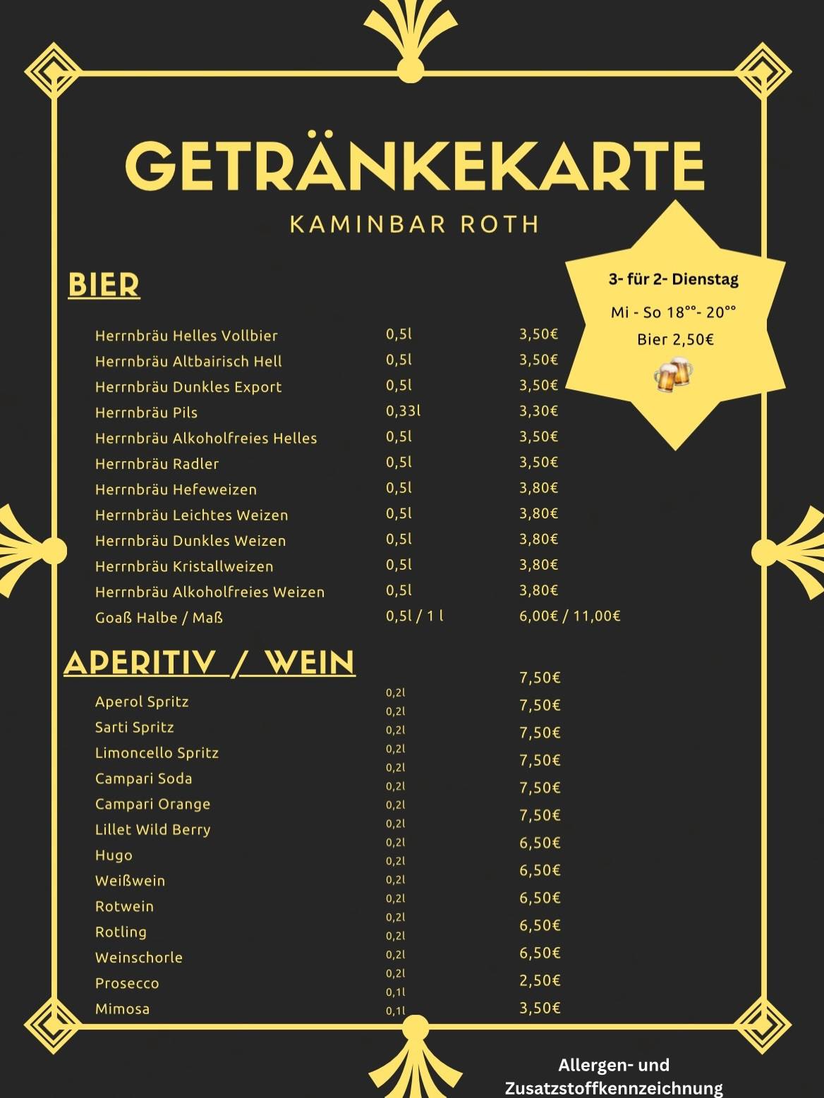 Kaminbar Roth Bar • Pub меню