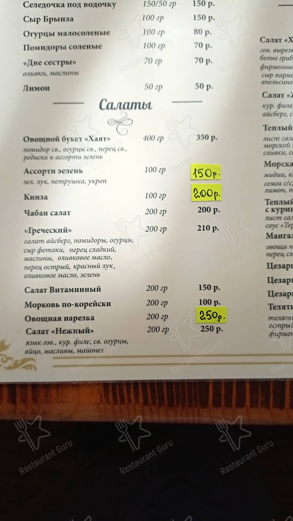 Меню Хаят - блюда и напитки