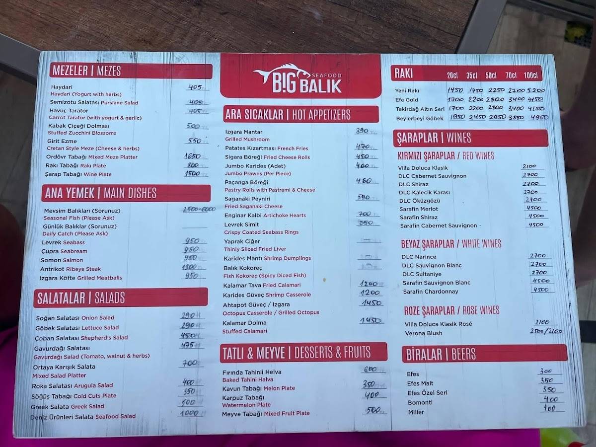 Kumluk Big Balık Datça Restaurant меню