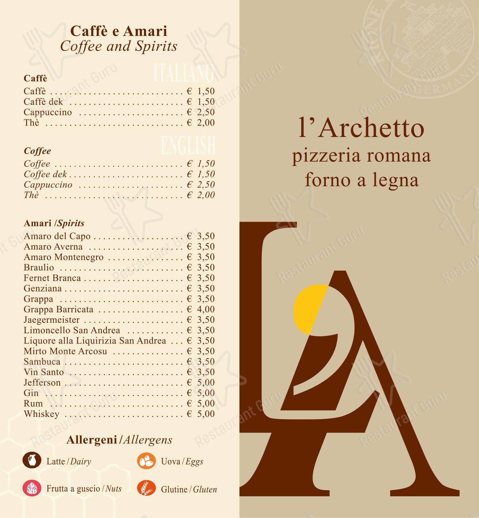 Меню пиццерии L'Archetto