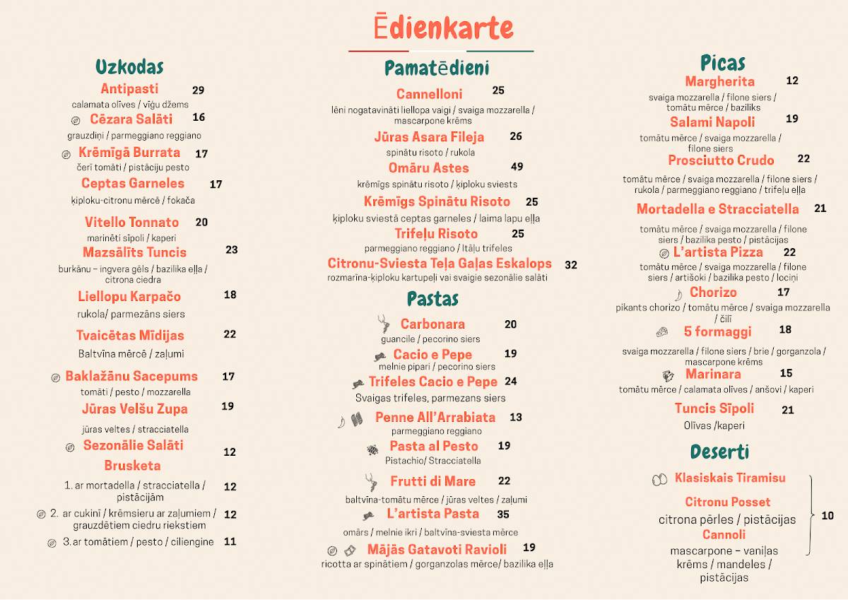 L'artista Restaurant меню