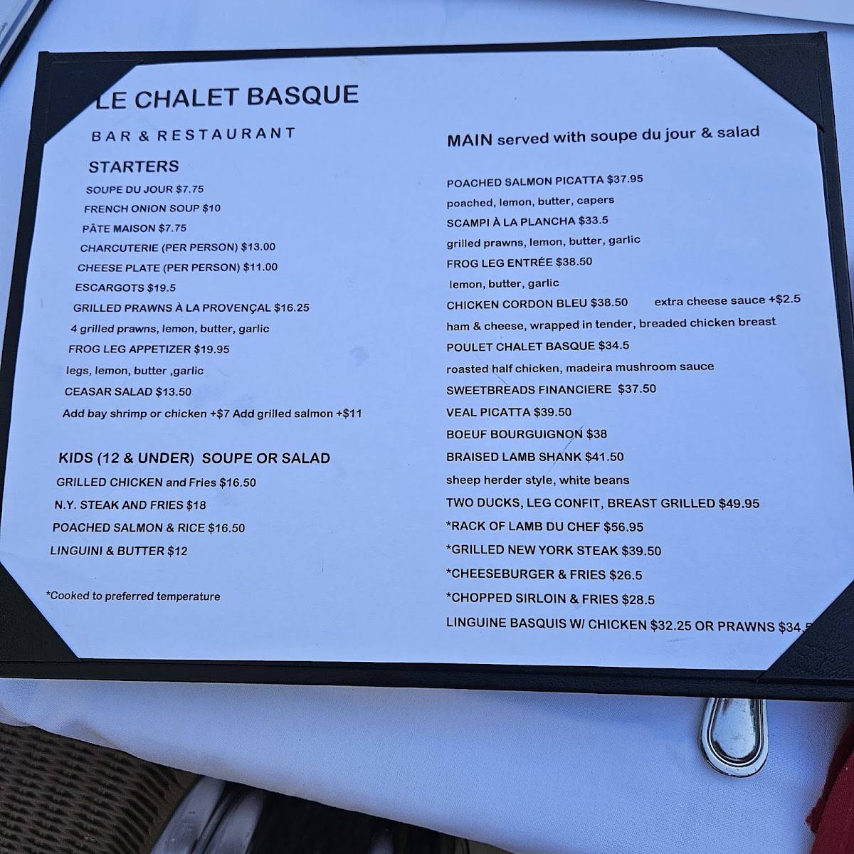 Le Chalet Basque Restaurant меню