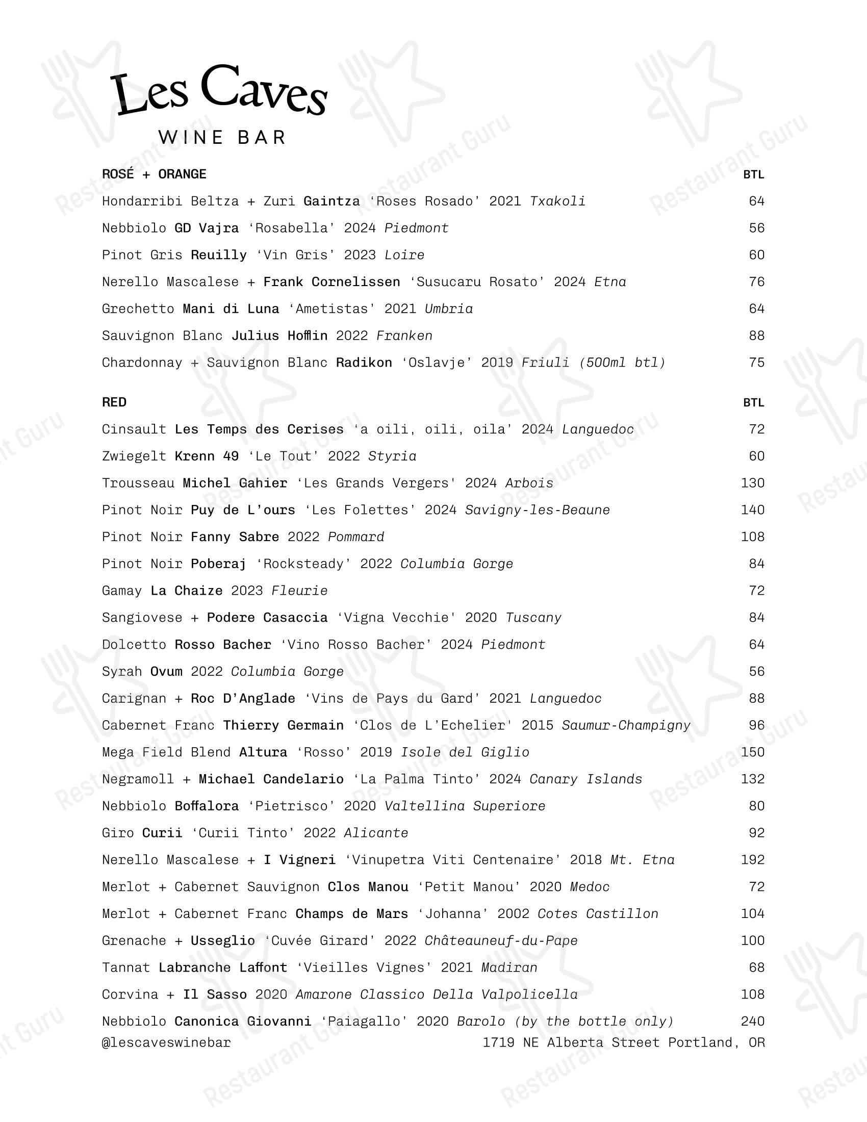 Меню паба и бара Les Caves Wine Bar - Меню напитков