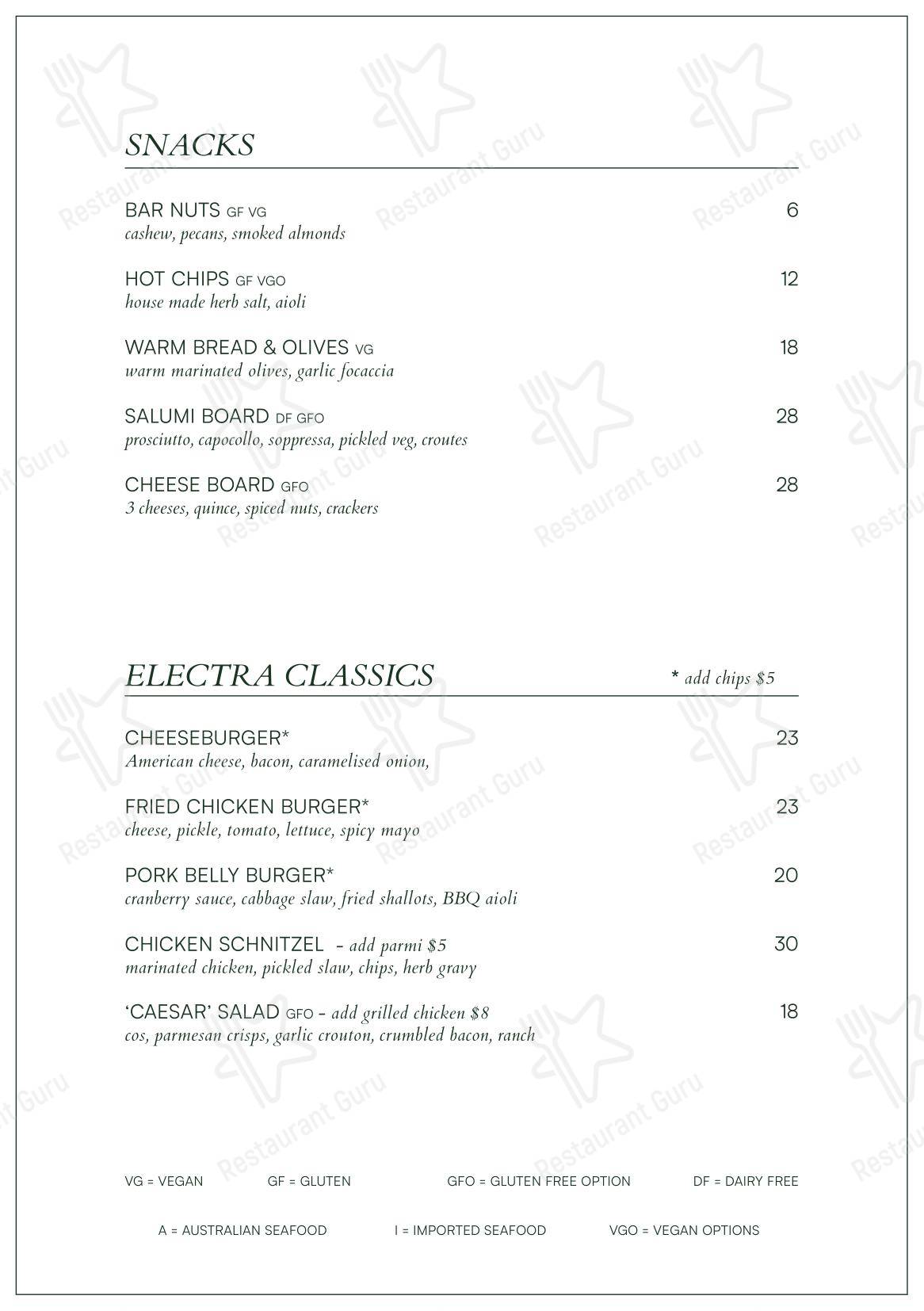 Меню ресторана Level One Restaurant @ Electra House Hotel