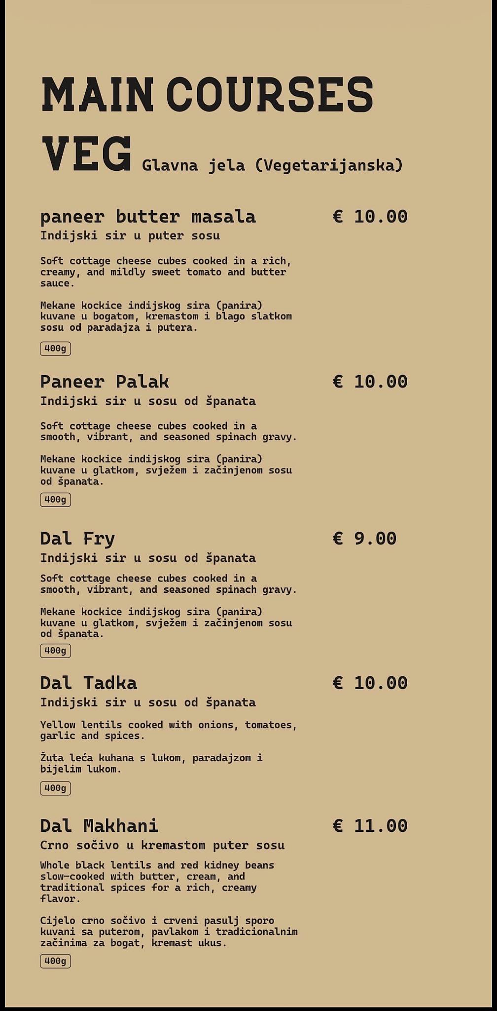 MASLACA MASALA Indian Restaurant in Montenegro. меню
