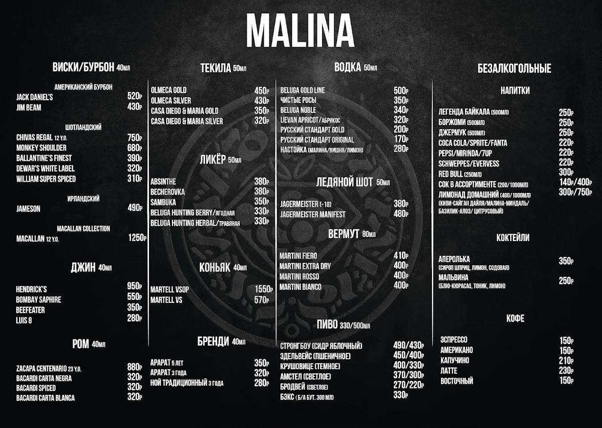 Малина Lounge меню