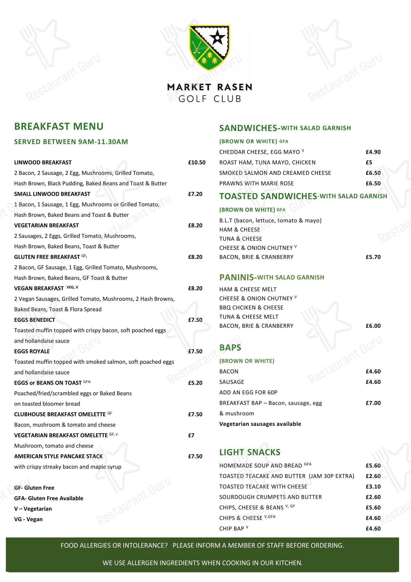 Меню клуба Market Rasen Golf Club - 菜单