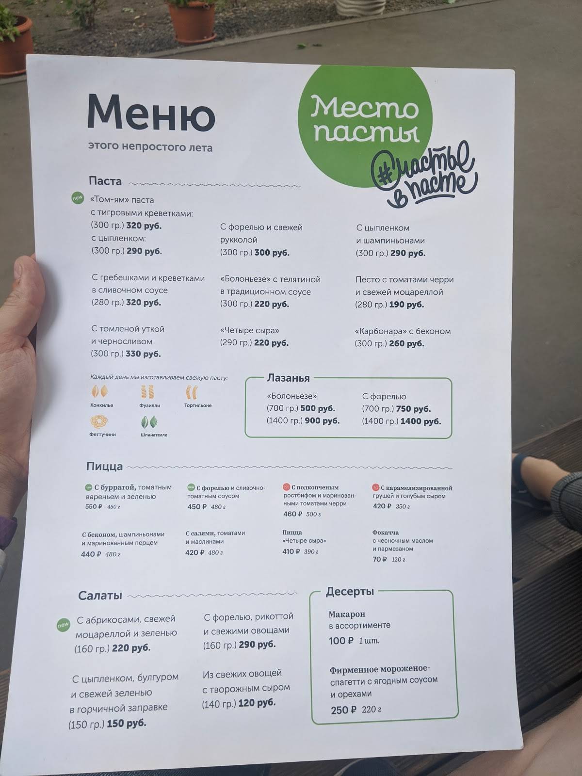 Место пасты меню