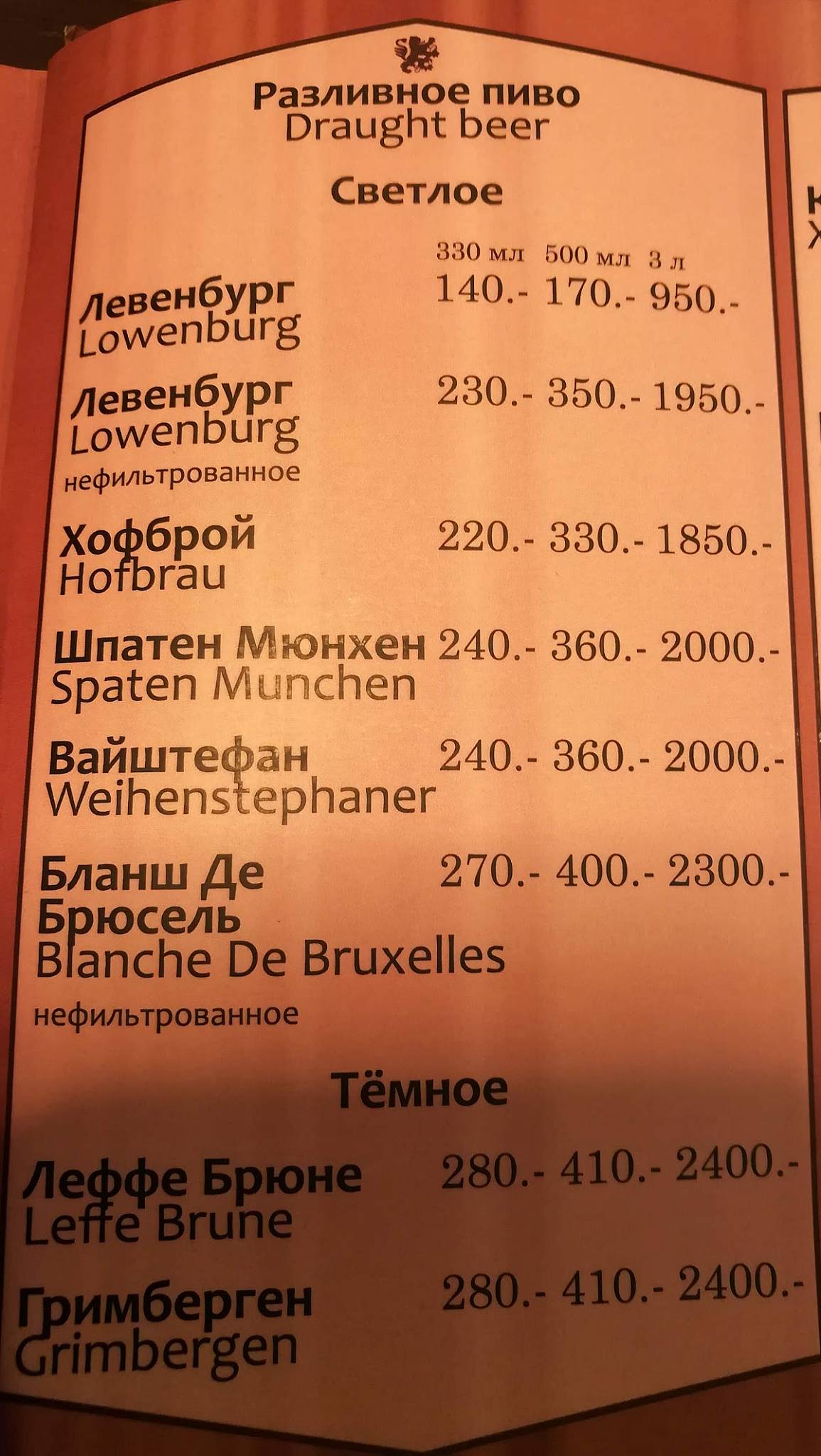 Лёвенбург меню