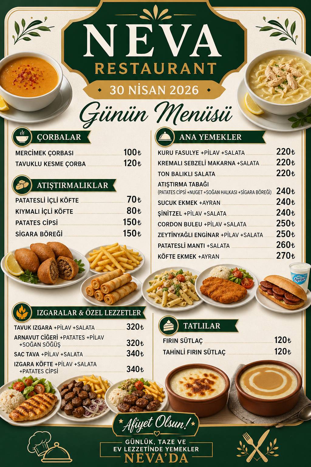 Neva Restaurant Ev yemekleri меню