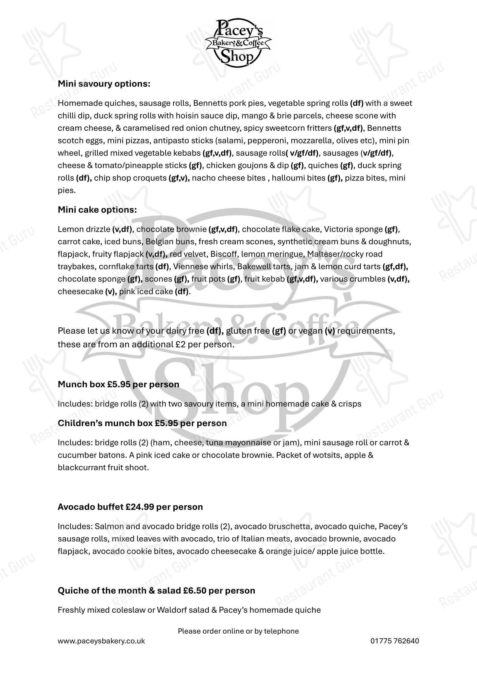 Dinner Menu кафе Pacey's Bakery