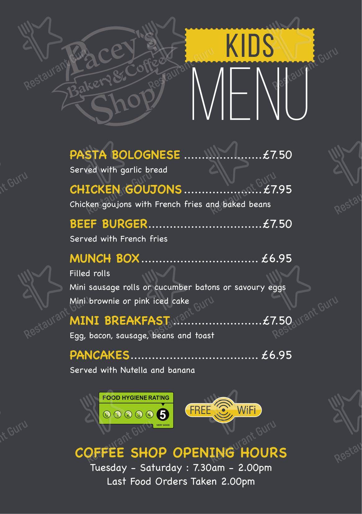 Takeaway Menu кафе Pacey's Bakery