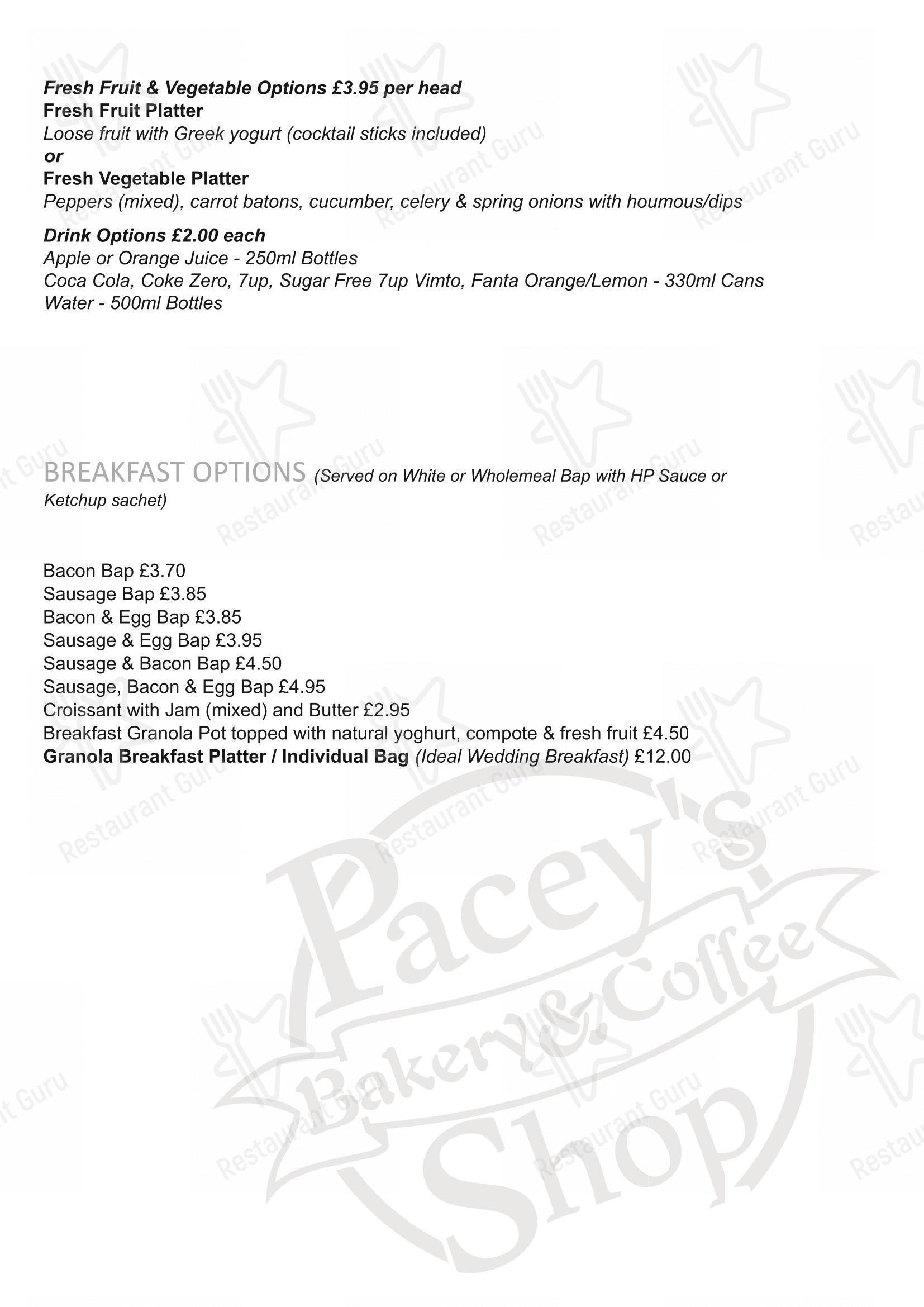Wine Menu кафе Pacey's Bakery