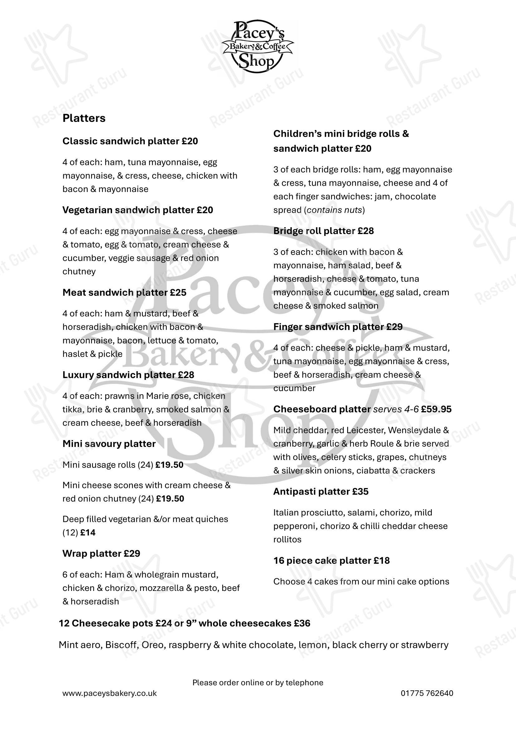 Pacey's Bakery в Спалдинге - Dinner Menu
