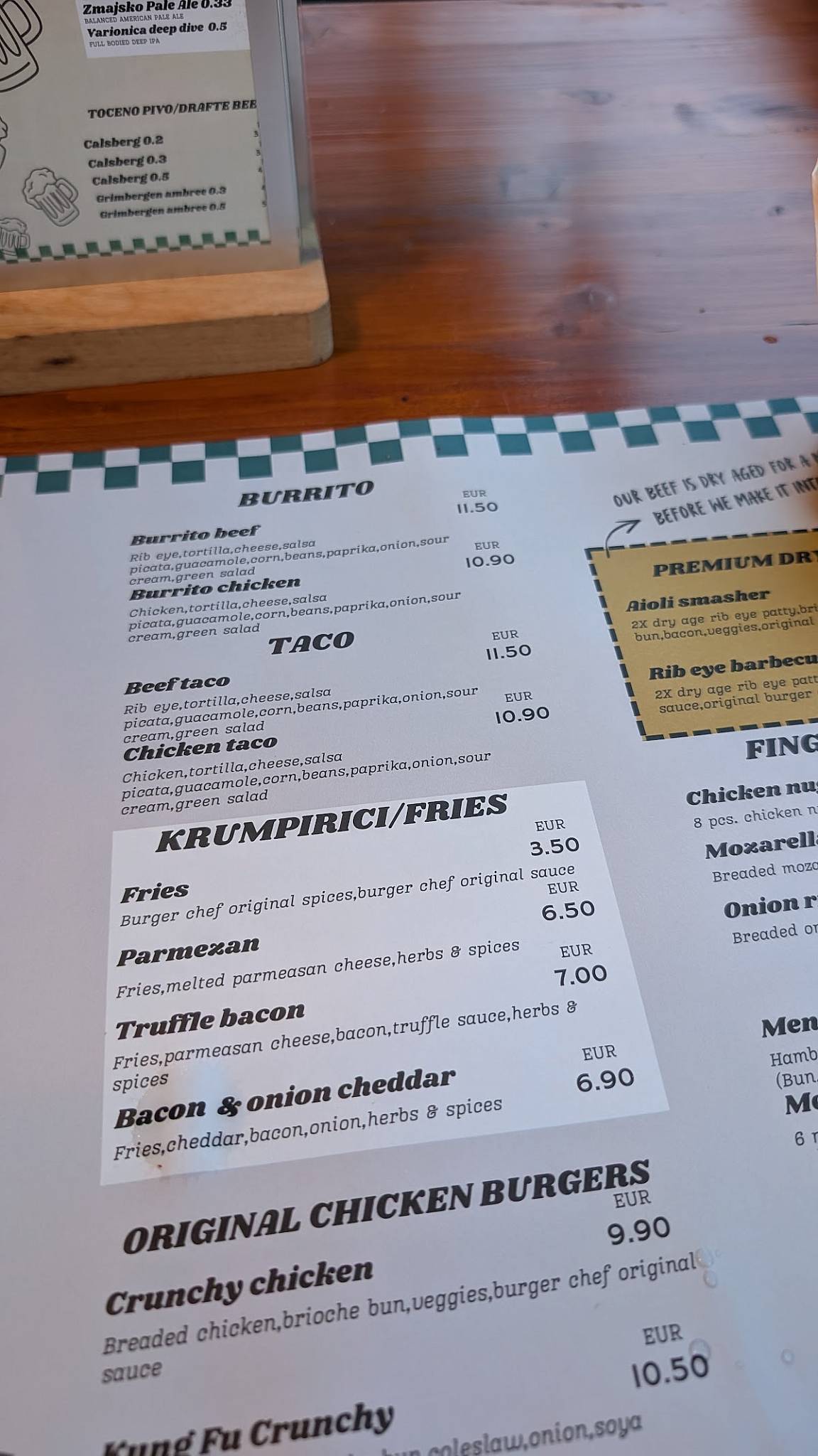 Burger Chef's меню