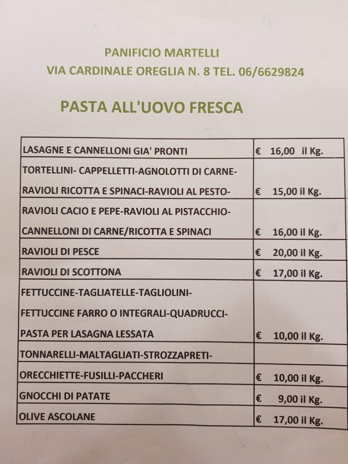 Panificio Martelli Claudio Alfredo & C. меню