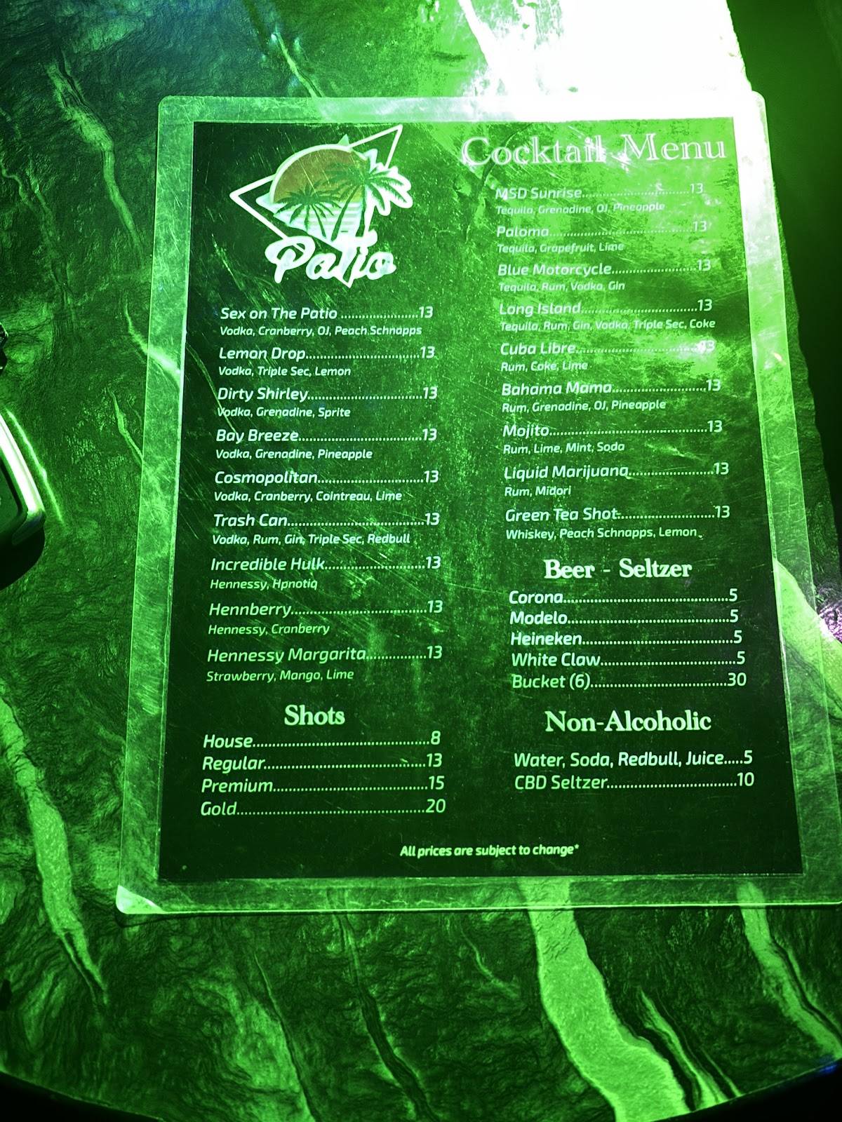 Patio Nightclub меню